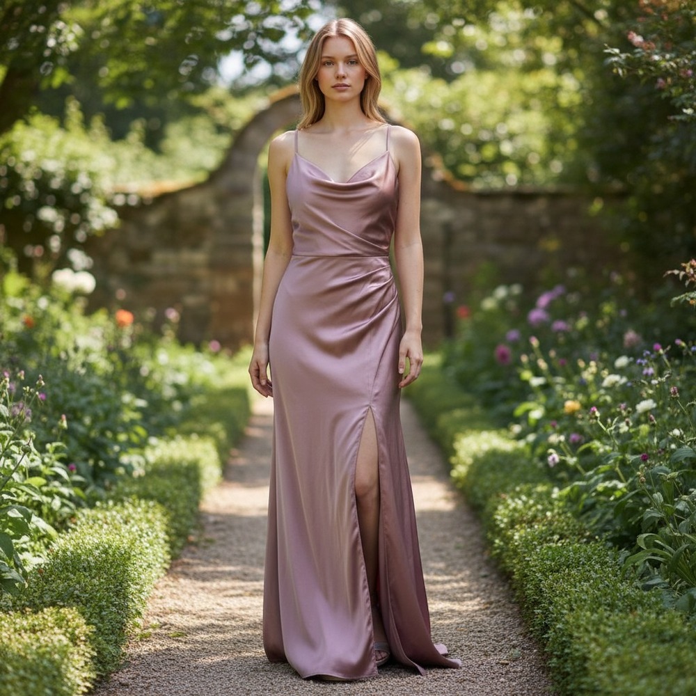 Birdy Grey Catherine‎ Shiny Satin Dress Wrapped Bodice High Thigh Slit S